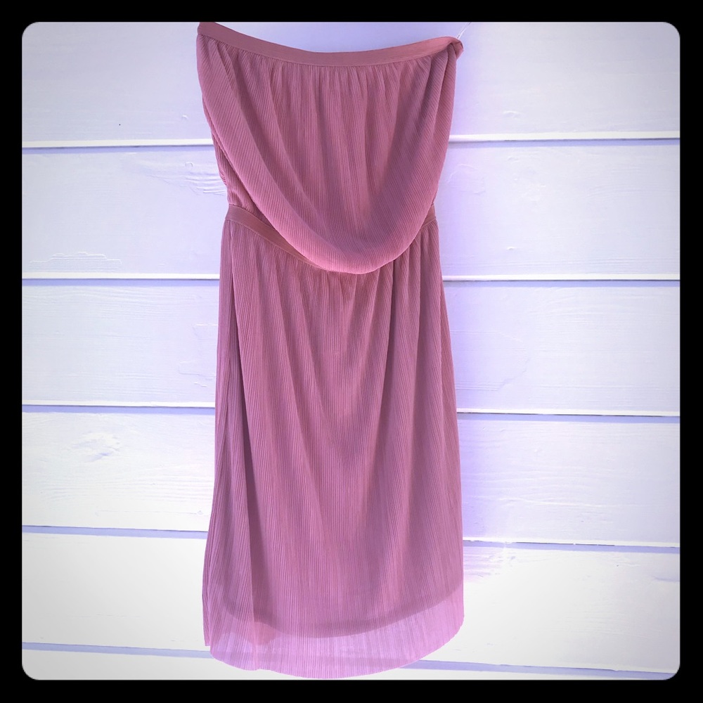 Grecian strapless pink crepe pleat dress